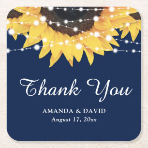 Navy Blue and Sunflower Thank You Wedding Favor Square Paper Coaster