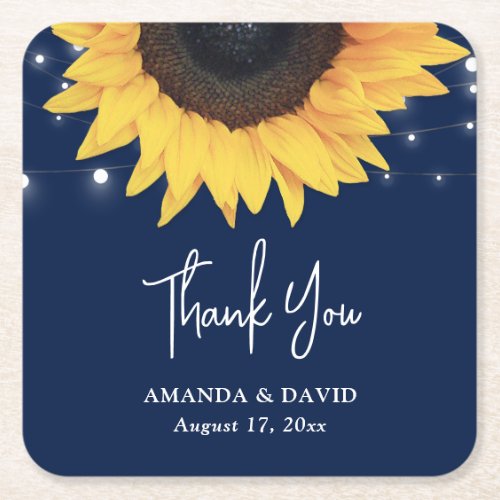 Navy Blue and Sunflower Thank You Wedding Favor Square Paper Coaster