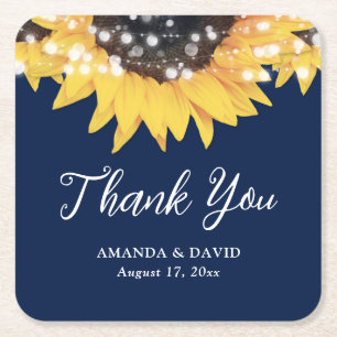 Navy Blue and Sunflower Thank You Wedding Favor Square Paper Coaster