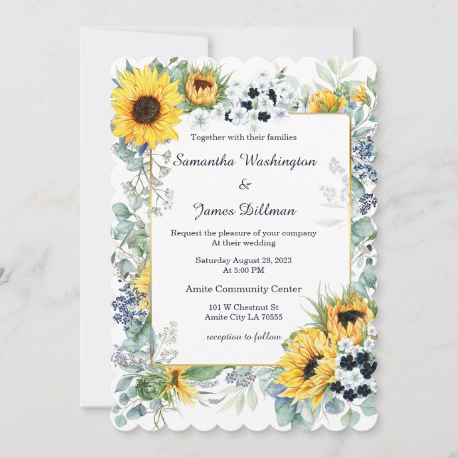 Navy Blue and Sunflower Wedding  Invitation (Front)