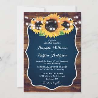 Navy Blue and Sunflower Wood Wedding Invitation