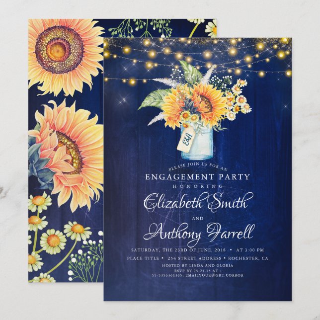Navy Blue and Sunflowers Rustic Engagement Party Invitation (Front/Back)