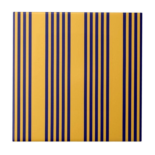 Navy blue and sunny yellow five stripes pattern ceramic tile (Front)