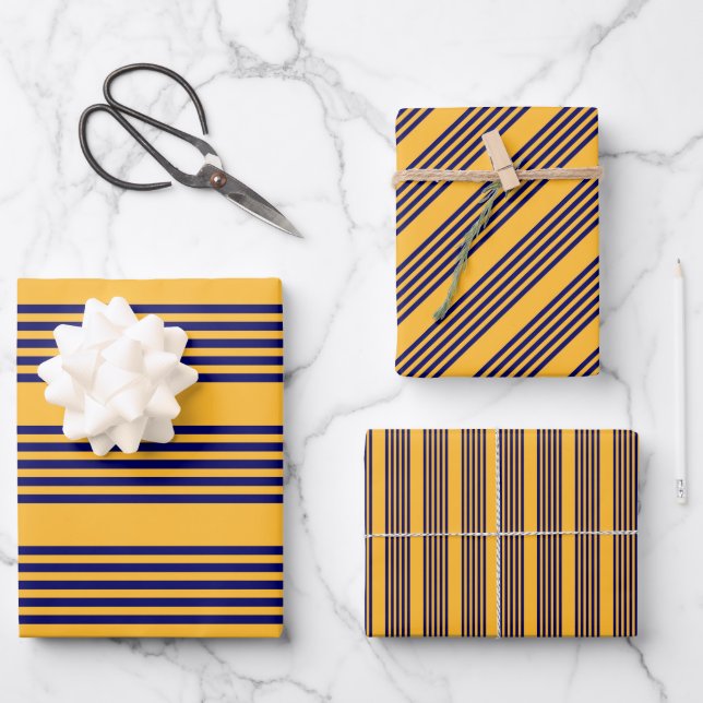 Navy blue and sunny yellow five stripes pattern wrapping paper sheets (Front)