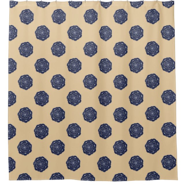 Navy Blue and Tan Lace Flowers Shower Curtain (Front)