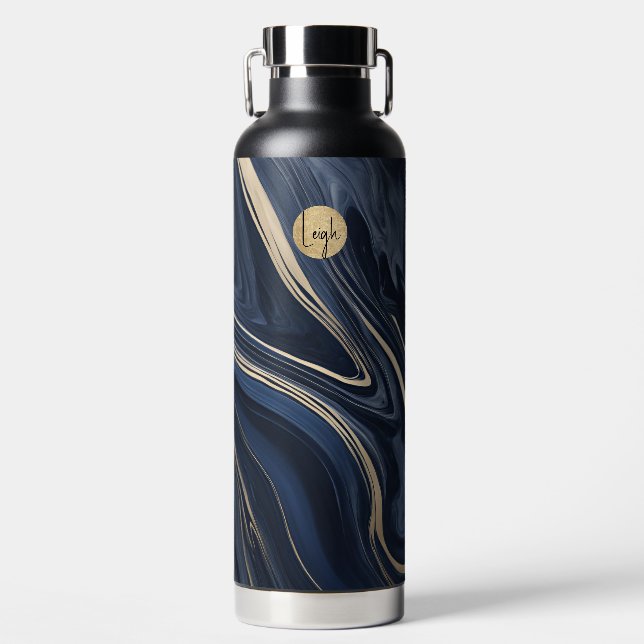 Navy Blue and Tan Marbled No Plastic Water Bottle (Front)