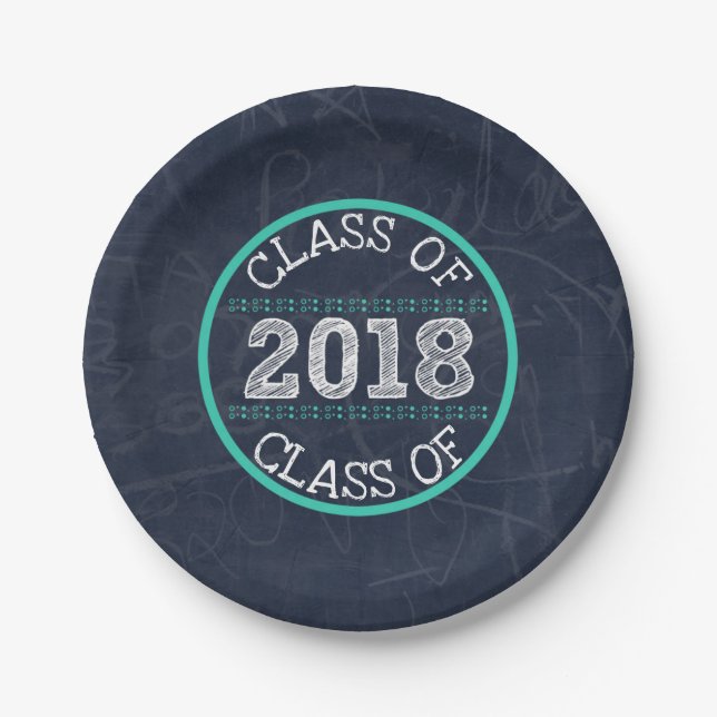 Navy Blue and Teal Chalkboard Graduation Party Paper Plates (Front)