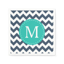 Navy Blue and Teal Green Chevron Custom Monogram Paper Napkins