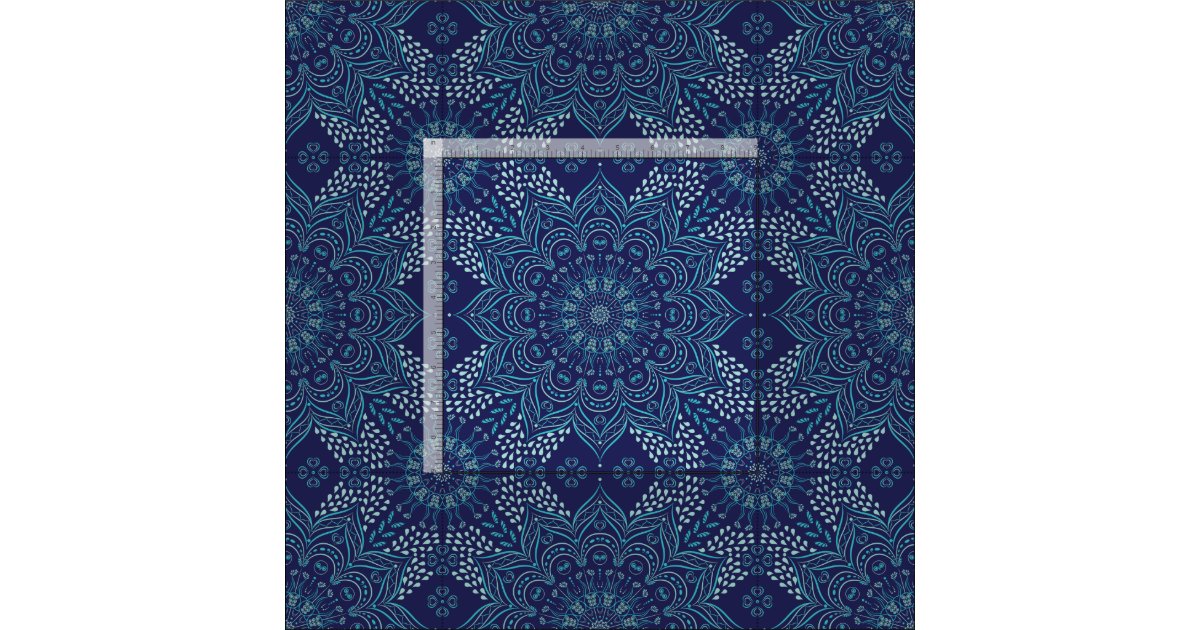 Navy blue and teal mandala pattern fabric | Zazzle
