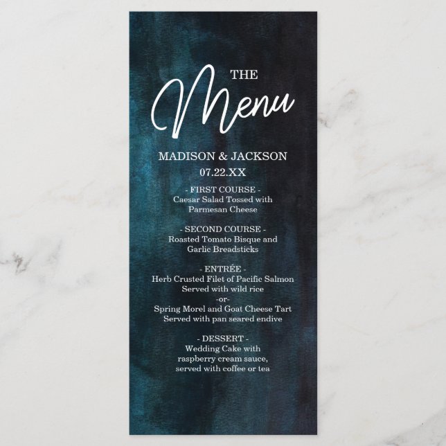 Navy Blue and Teal Watercolor & White Wedding Menu (Front)