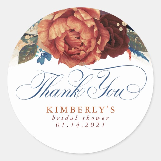 Navy Blue and Terracotta Floral Thank You Classic Round Sticker (Front)