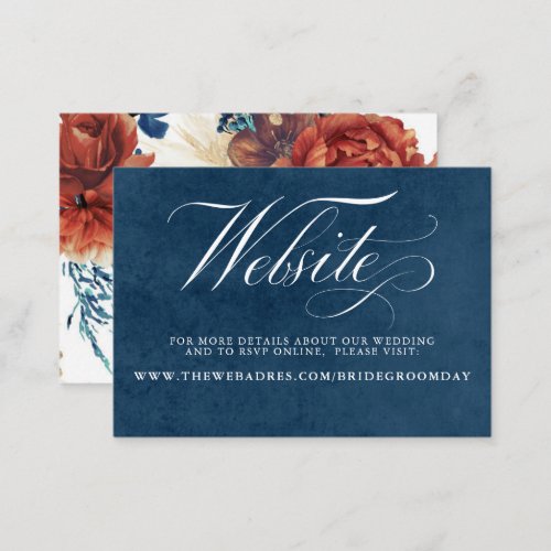 Navy Blue and Terracotta Floral Wedding Website Business Card