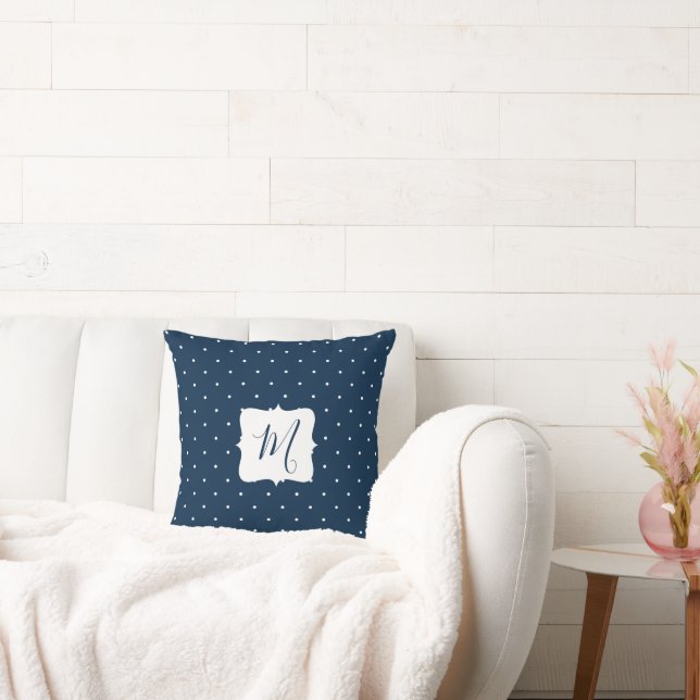 Navy Blue and Tiny White Polka Dots  Throw Pillow (Couch)