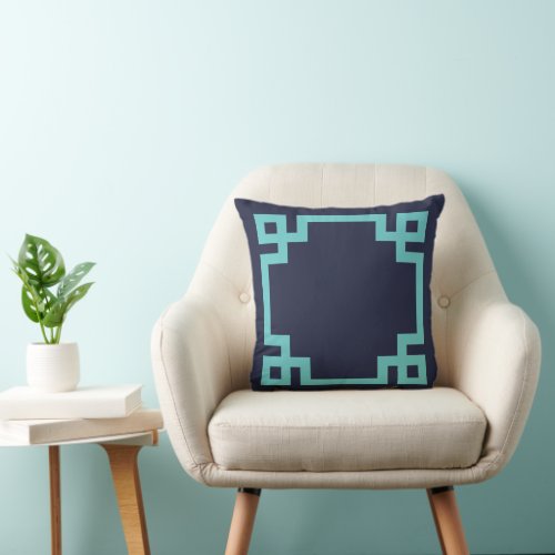 Navy Blue and Turquoise Greek Key Border Throw Pillow