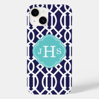 Navy Blue and Turquoise Modern Trellis Monogram Case-Mate iPhone 14 Case