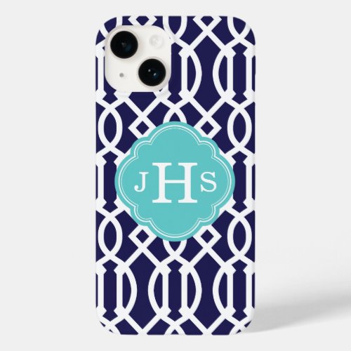 Navy Blue and Turquoise Modern Trellis Monogram Case_Mate iPhone 14 Case