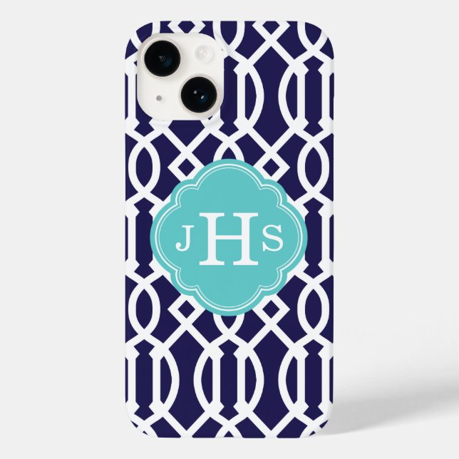 Navy Blue and Turquoise Modern Trellis Monogram Case-Mate iPhone Case (Back)