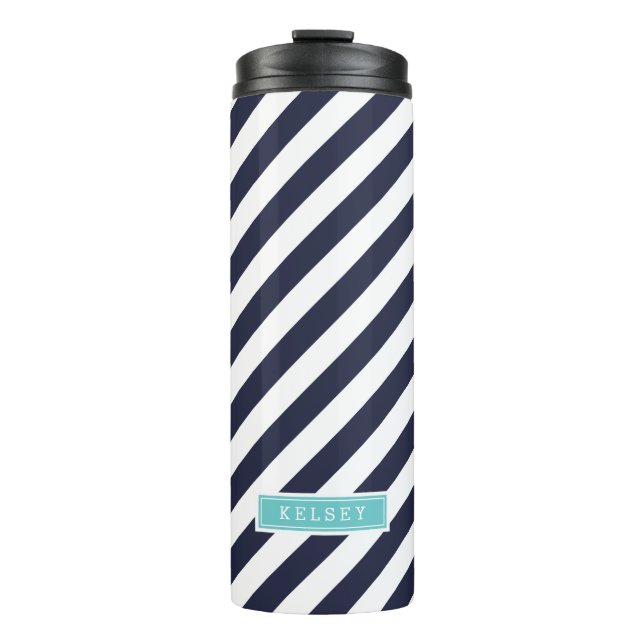 Navy Blue and Turquoise Preppy Stripes Monogram Thermal Tumbler (Front)
