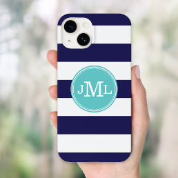 Navy Blue and Turquoise Wide Stripe Monogram Case-Mate iPhone 14 Case