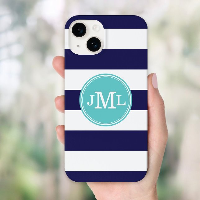 Navy Blue and Turquoise Wide Stripe Monogram Case-Mate iPhone Case (Creator Uploaded)