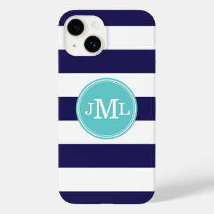 Navy Blue and Turquoise Wide Stripe Monogram Case-Mate iPhone 14 Case
