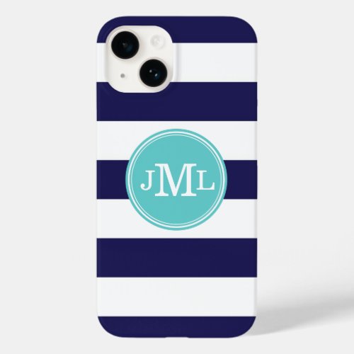 Navy Blue and Turquoise Wide Stripe Monogram Case_Mate iPhone 14 Case