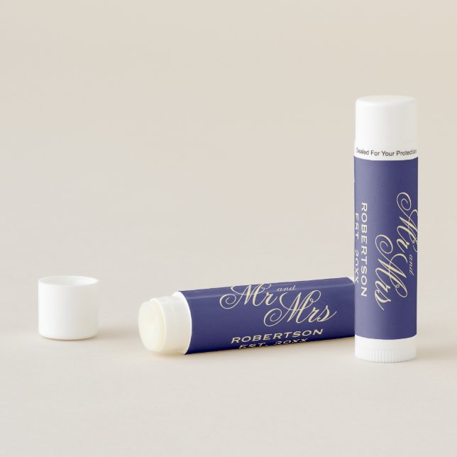 Navy blue and vanilla Mr and Mrs wedding favor Lip Balm (In Situ)