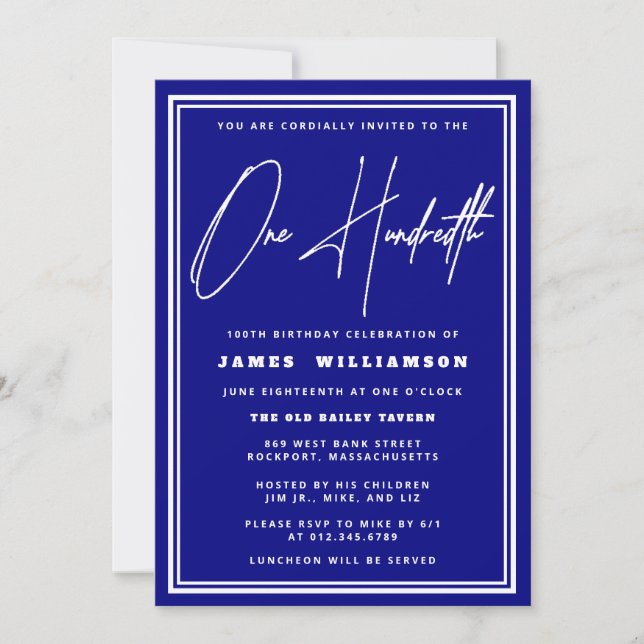 Navy Blue and White 100th Birthday Invitation (Front)