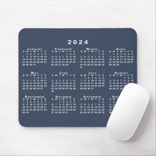 Navy Blue and White 2024 Calendar Mouse Pad