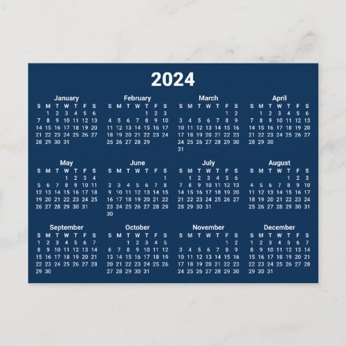 Navy Blue and White 2024 Calendar Postcard