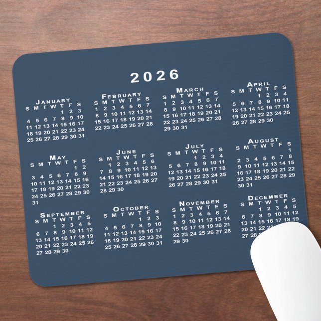 Navy Blue and White 2026 Calendar Mouse Pad (Navy Blue and White 2026 Calendar Mouse Pad, in situ)