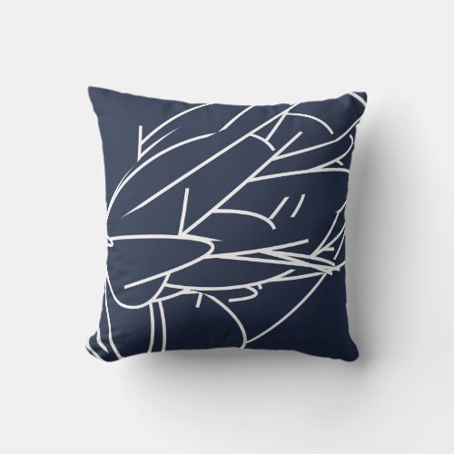 Navy Blue and White Abstract Feathers Throw Pillow