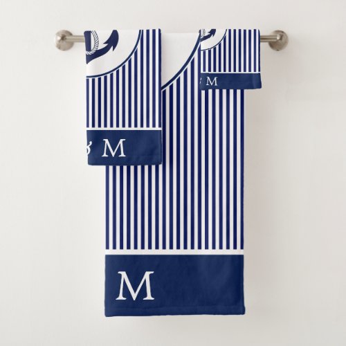 Navy Blue and White Anchor and Striped Bath Towel Set