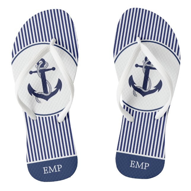Navy Blue and White Anchor and Striped  Flip Flops (Footbed)