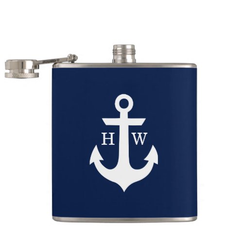 Navy Blue and White Anchor Monogram Flask