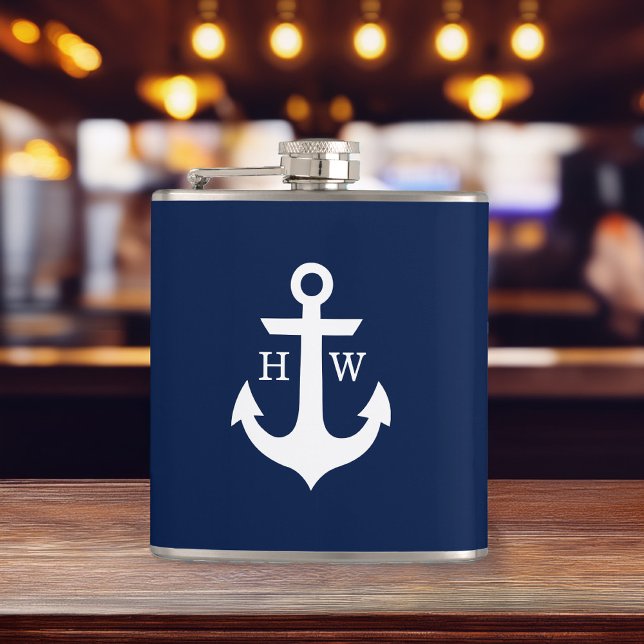 Navy Blue and White Anchor Monogram Flask (Creator Uploaded)