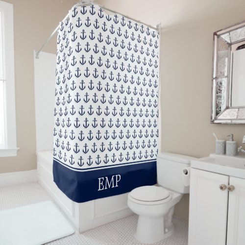 Navy Blue and White Anchor Monogram Shower Curtain