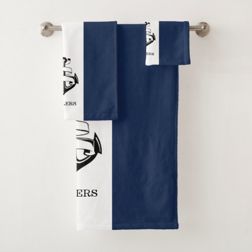 Navy Blue And White Anchor Nautical Striped Bath Towel Set
