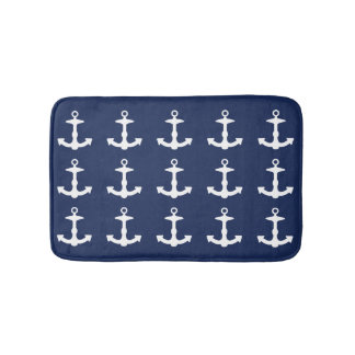 Navy Blue And White Anchor Pattern Bathroom Mat