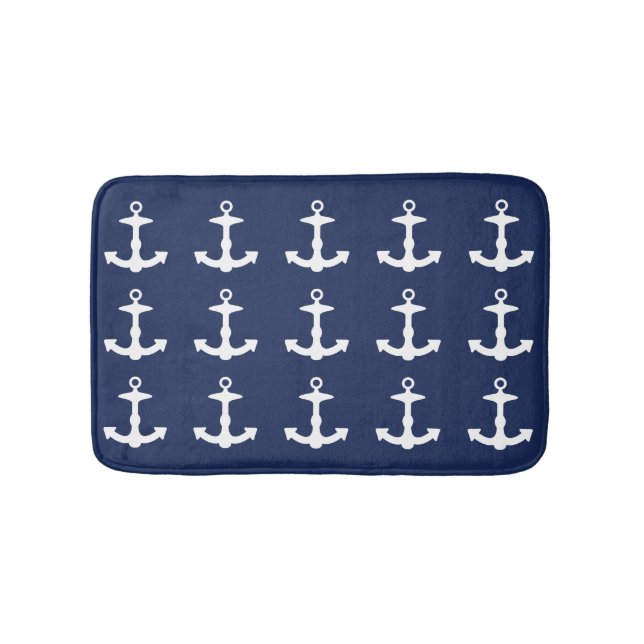 Navy Blue And White Anchor Pattern Bathroom Mat (Front)