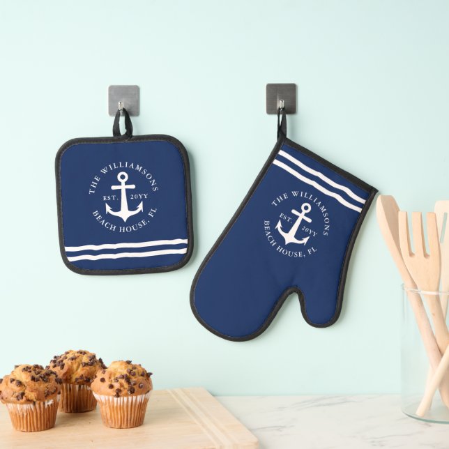 Navy Blue and White Anchor Personalized Nautical Oven Mitt & Pot Holder Set (Insitu(Hanging))