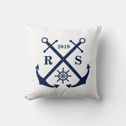 Navy Blue and White Anchors Monogram Nautical Throw Pillow