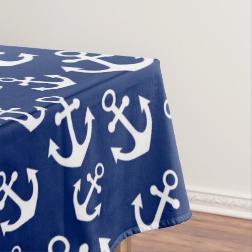 Navy Blue and White Anchors Nautical Pattern Tablecloth