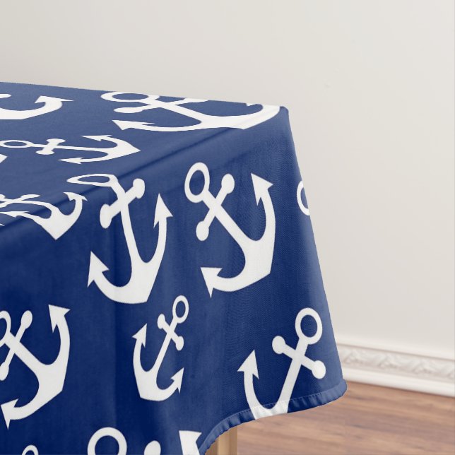 Navy Blue and White Anchors Nautical Pattern Tablecloth (In Situ)
