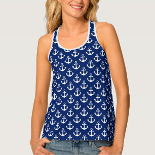 Navy Blue and White Anchors Nautical Pattern Tank Top