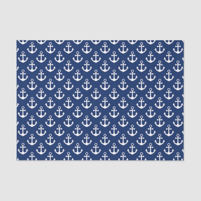 Navy Blue and White Anchors Nautical Pattern Tissue Paper (Front)