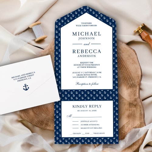 Navy Blue and White Anchors Nautical Wedding All In One Invitation