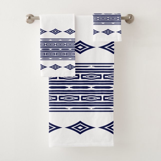 Navy Blue and White Aztec Tribal Striped Pattern Bath Towel Set (Insitu)