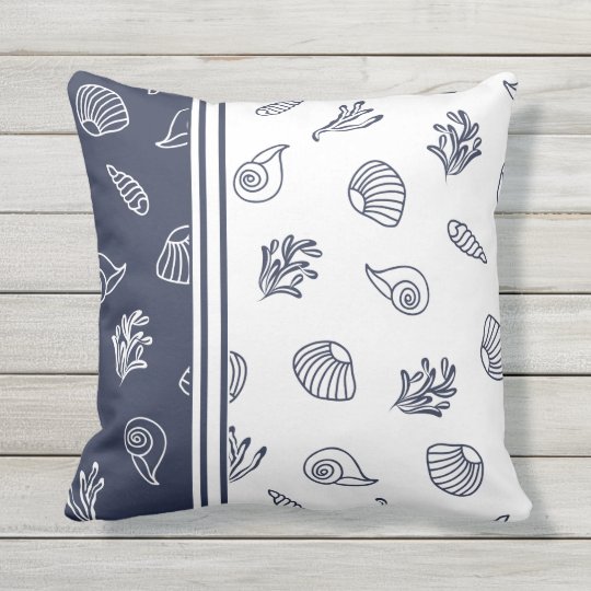 Navy Blue and White Beach House Coastal Nautical Outdoor Pillow
