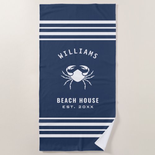 Navy Blue And White Beach House Family Name Crab Beach Towel